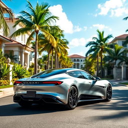 A sleek VULGARI electric car parked on a picturesque street in an upscale neighborhood of the Dominican Republic