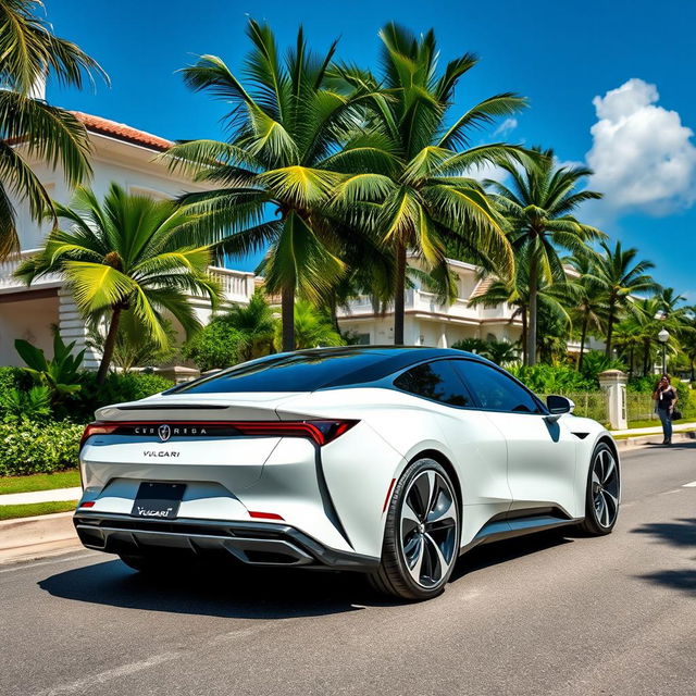 A sleek VULGARI electric car parked on a picturesque street in an upscale neighborhood of the Dominican Republic