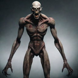 Create an image of a tall humanoid monster with vacant, bloodshot eyes, abnormally long arms, a decaying body, an extended jawline equipped with enormous teeth, and deep set eyes.