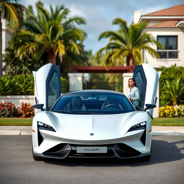 An electric car from the brand VULGARI, showcased from both the front and rear views, elegantly positioned in an upscale neighborhood in the Dominican Republic