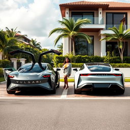 An electric car from the brand VULGARI, showcased from both the front and rear views, elegantly positioned in an upscale neighborhood in the Dominican Republic