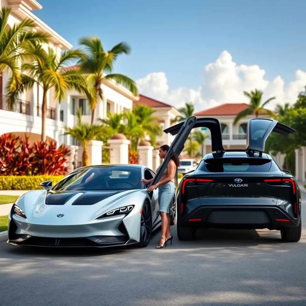 An electric car from the brand VULGARI, showcased from both the front and rear views, elegantly positioned in an upscale neighborhood in the Dominican Republic