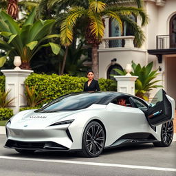 An electric car from the brand VULGARI, showcased from both the front and rear views, elegantly positioned in an upscale neighborhood in the Dominican Republic
