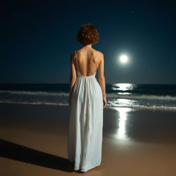 A slim, short-cropped curly redhead woman standing on a beach at night, wearing a flowing white dress