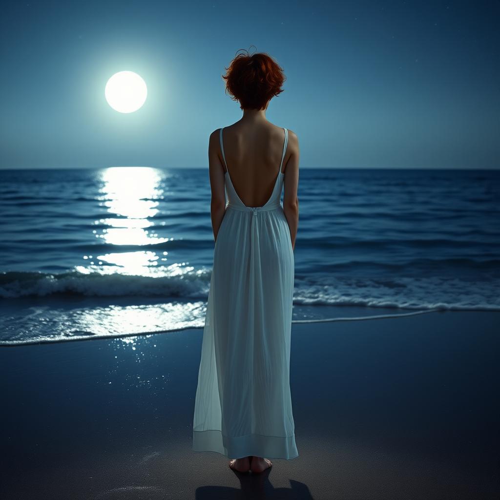 A slim, short-cropped curly redhead woman standing on a beach at night, wearing a flowing white dress