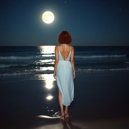 A slim, short-cropped curly redhead woman standing on a beach at night, wearing a flowing white dress