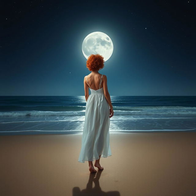 A slim, short-cropped curly redhead woman standing on a beach at night, wearing a flowing white dress