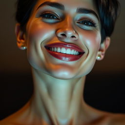 An American woman with short hair, smiling seductively with a confident expression