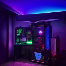 An aesthetically pleasing gamer's bedroom featuring a high-end gaming PC setup on a study table, a single bed, and mood-enhancing RGB lighting embedded in a fall ceiling.