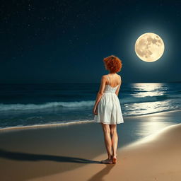 A slender, short curly red-haired woman in a white dress standing on the beach with her back facing the viewer