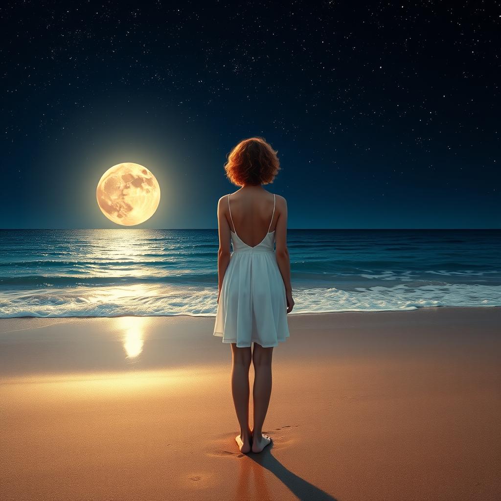 A slender, short curly red-haired woman in a white dress standing on the beach with her back facing the viewer