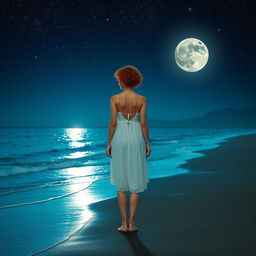 A slender, short curly red-haired woman in a white dress standing on the beach with her back facing the viewer