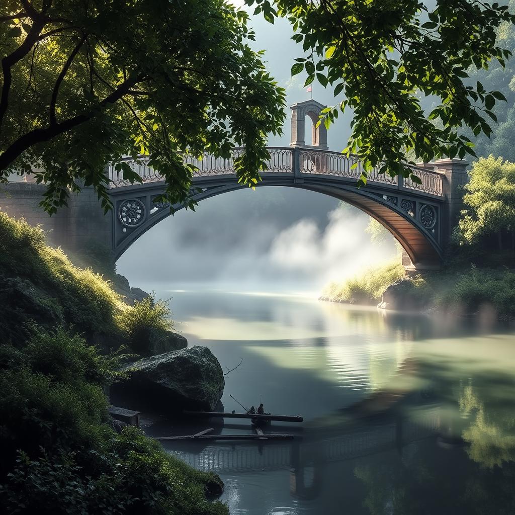 A serene landscape featuring a bridge over a calm and mysterious river, symbolizing the journey to the unknown