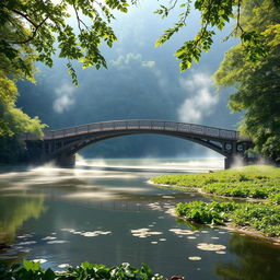 A serene landscape featuring a bridge over a calm and mysterious river, symbolizing the journey to the unknown