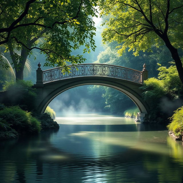 A serene landscape featuring a bridge over a calm and mysterious river, symbolizing the journey to the unknown