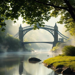 A serene landscape featuring a bridge over a calm and mysterious river, symbolizing the journey to the unknown