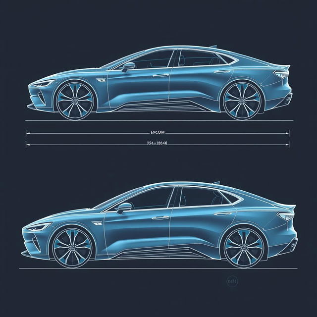 A highly detailed blueprint of a futuristic sedan car viewed from three different angles: front, side, and rear