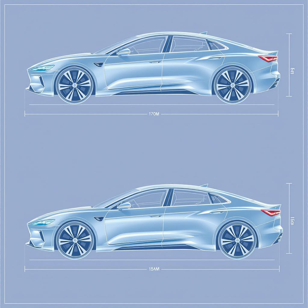 A highly detailed blueprint of a futuristic sedan car viewed from three different angles: front, side, and rear