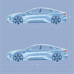 A highly detailed blueprint of a futuristic sedan car viewed from three different angles: front, side, and rear