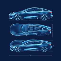 A highly detailed blueprint of a futuristic sedan car viewed from three different angles: front, side, and rear