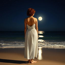 A woman viewed from the back, with a normal body type, short curly red hair, wearing a white dress