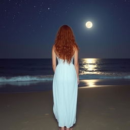 A woman with a normal body type, long curly red hair, wearing a white dress, standing on the beach with her back facing the viewer, looking at the sea at night