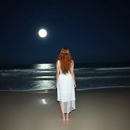 A woman with a normal body type, long curly red hair, wearing a white dress, standing on the beach with her back facing the viewer, looking at the sea at night