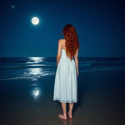 A woman with a normal body type, long curly red hair, wearing a white dress, standing on the beach with her back facing the viewer, looking at the sea at night