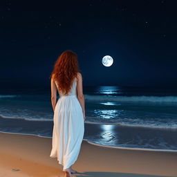 A woman with a normal body type, long curly red hair, wearing a white dress, standing on the beach with her back facing the viewer, looking at the sea at night