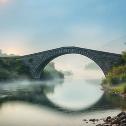 A serene scene of a beautiful bridge spanning over a calm and mysterious river, symbolizing the journey into the unknown
