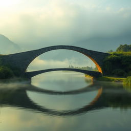 A serene scene of a beautiful bridge spanning over a calm and mysterious river, symbolizing the journey into the unknown