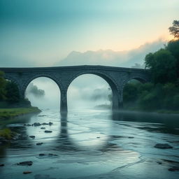 A serene scene of a beautiful bridge spanning over a calm and mysterious river, symbolizing the journey into the unknown