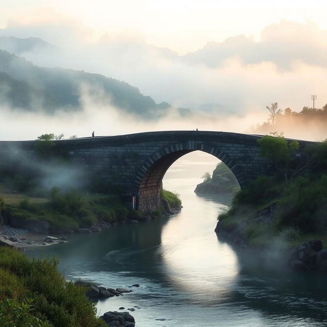 A serene scene of a beautiful bridge spanning over a calm and mysterious river, symbolizing the journey into the unknown