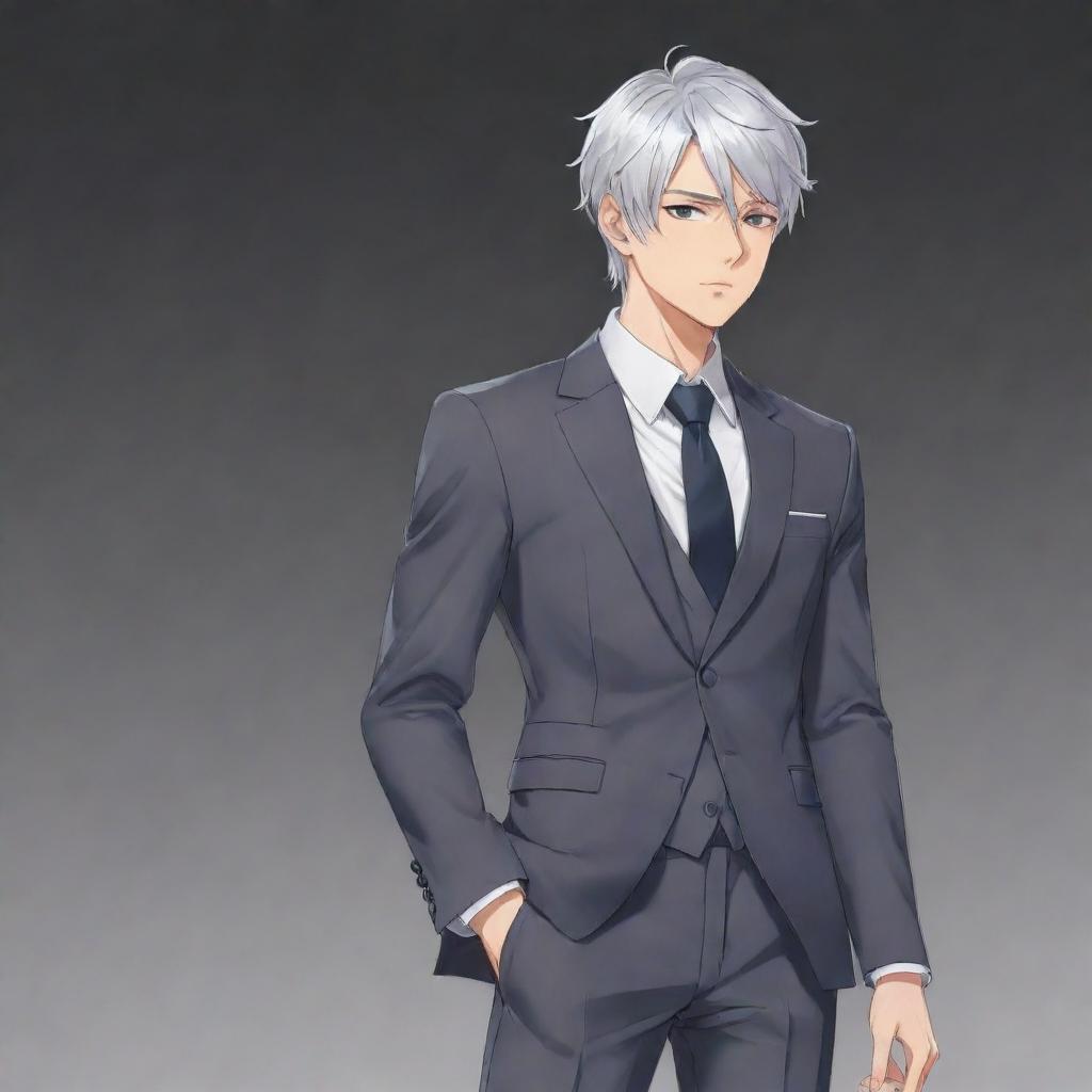 Create a full-body 2D anime style drawing of a male lead character. He has short silver hair and effulgent, cat-like silver eyes, a powerful body with a slim waist, chiseled six-pack abs, and broad shoulders. His face is small, delicate, and handsome, akin to a K-Pop idol. Dressed in a fitted suit and long coat, he radiates a cold aura but shows kindness to those he loves.