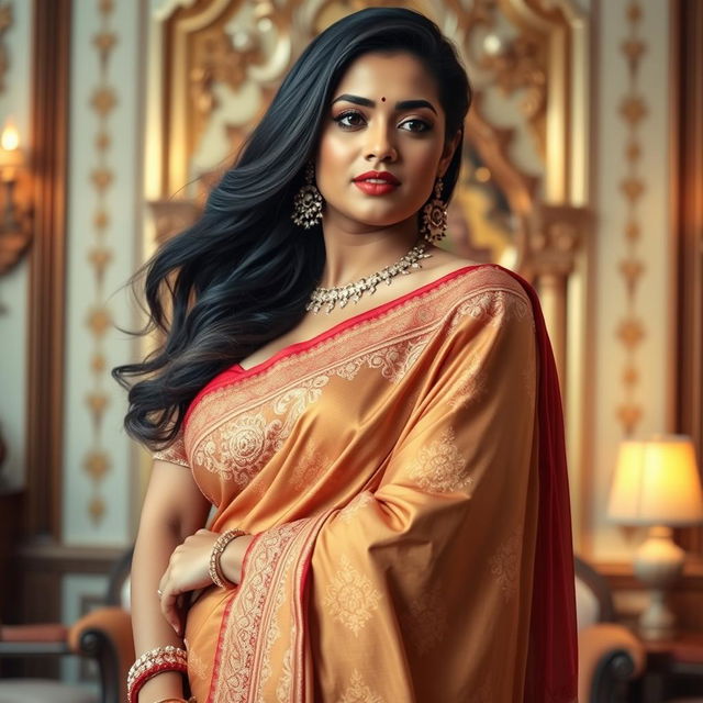 A stunning curvy Indian woman exuding grace and elegance, adorned in a beautifully crafted traditional saree with intricate embroidery