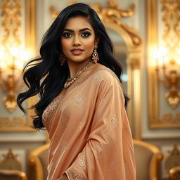 A stunning curvy Indian woman exuding grace and elegance, adorned in a beautifully crafted traditional saree with intricate embroidery