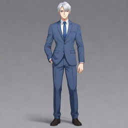 Create a full-body 2D anime style drawing of a male lead character. He has short silver hair and effulgent, cat-like silver eyes, a powerful body with a slim waist, chiseled six-pack abs, and broad shoulders. His face is small, delicate, and handsome, akin to a K-Pop idol. Dressed in a fitted suit and long coat, he radiates a cold aura but shows kindness to those he loves.