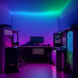 An aesthetically pleasing gamer's bedroom featuring a high-end gaming PC setup on a study table, a single bed, and mood-enhancing RGB lighting embedded in a fall ceiling.