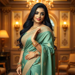 A stunning curvy Indian woman exuding grace and elegance, adorned in a beautifully crafted traditional saree with intricate embroidery