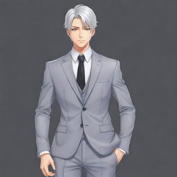 Create a full-body 2D anime style drawing of a male lead character. He has short silver hair and effulgent, cat-like silver eyes, a powerful body with a slim waist, chiseled six-pack abs, and broad shoulders. His face is small, delicate, and handsome, akin to a K-Pop idol. Dressed in a fitted suit and long coat, he radiates a cold aura but shows kindness to those he loves.