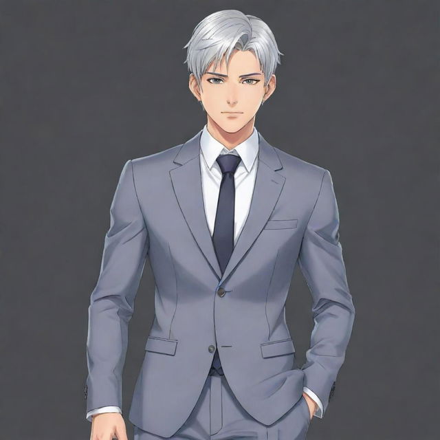 Create a full-body 2D anime style drawing of a male lead character. He has short silver hair and effulgent, cat-like silver eyes, a powerful body with a slim waist, chiseled six-pack abs, and broad shoulders. His face is small, delicate, and handsome, akin to a K-Pop idol. Dressed in a fitted suit and long coat, he radiates a cold aura but shows kindness to those he loves.