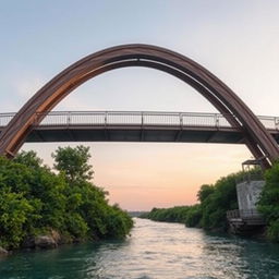 A serene and mysterious bridge spanning over a calm, unknown river, symbolizing a journey into the unknown