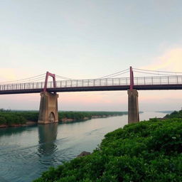 A serene and mysterious bridge spanning over a calm, unknown river, symbolizing a journey into the unknown