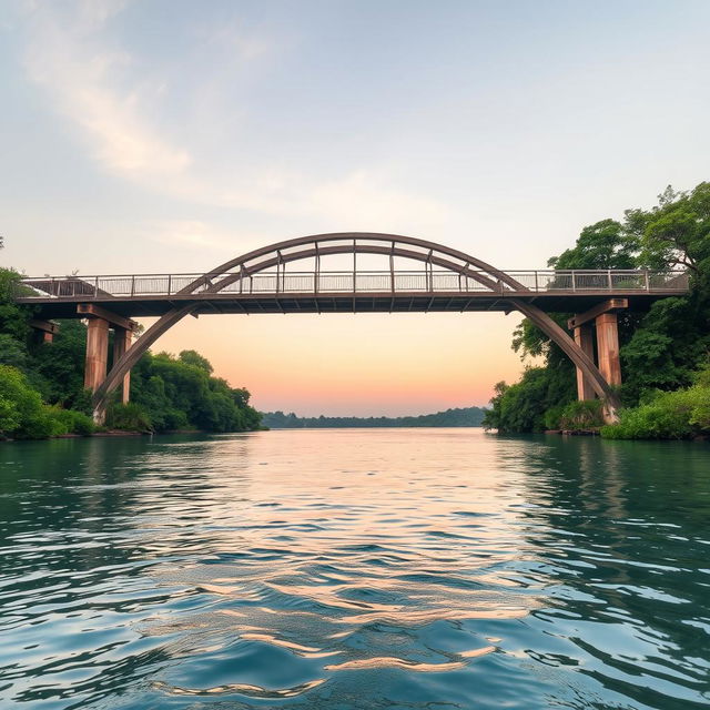 A serene and mysterious bridge spanning over a calm, unknown river, symbolizing a journey into the unknown