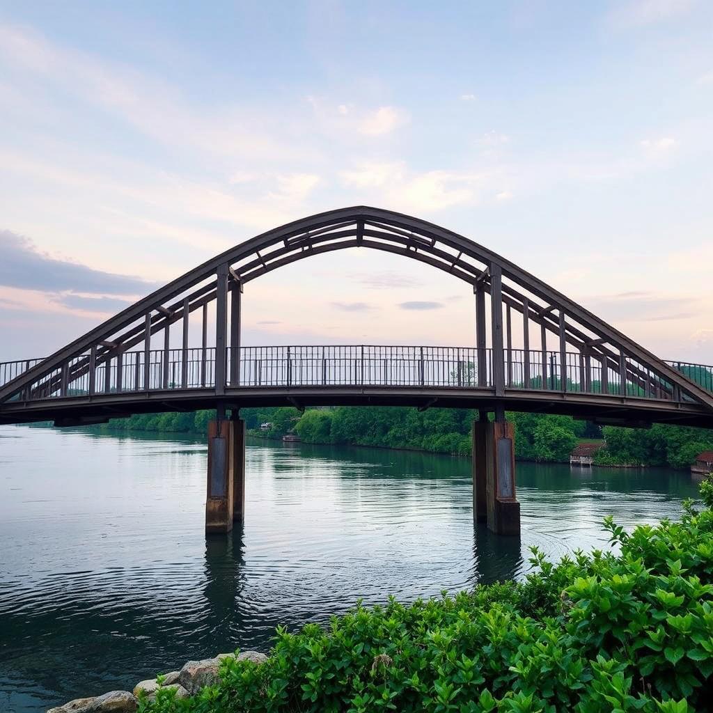 A serene and mysterious bridge spanning over a calm, unknown river, symbolizing a journey into the unknown