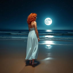 A woman with a normal body type, with medium-sized curly red hair, wearing a flowing white dress, standing barefoot on the wet sand of a beach at night
