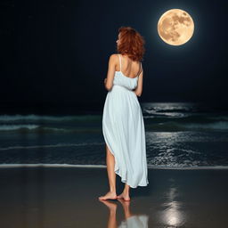 A woman with a normal body type, with medium-sized curly red hair, wearing a flowing white dress, standing barefoot on the wet sand of a beach at night