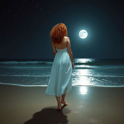 A woman with a normal body type, with medium-sized curly red hair, wearing a flowing white dress, standing barefoot on the wet sand of a beach at night