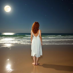 A woman with a normal body type, with medium-sized curly red hair, wearing a flowing white dress, standing barefoot on the wet sand of a beach at night