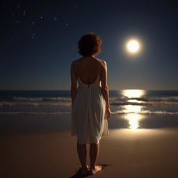 A woman seen from the back, with a normal body type, short curly red hair, wearing a white dress, standing on the beach with her feet on the wet sand, gazing at the ocean at night